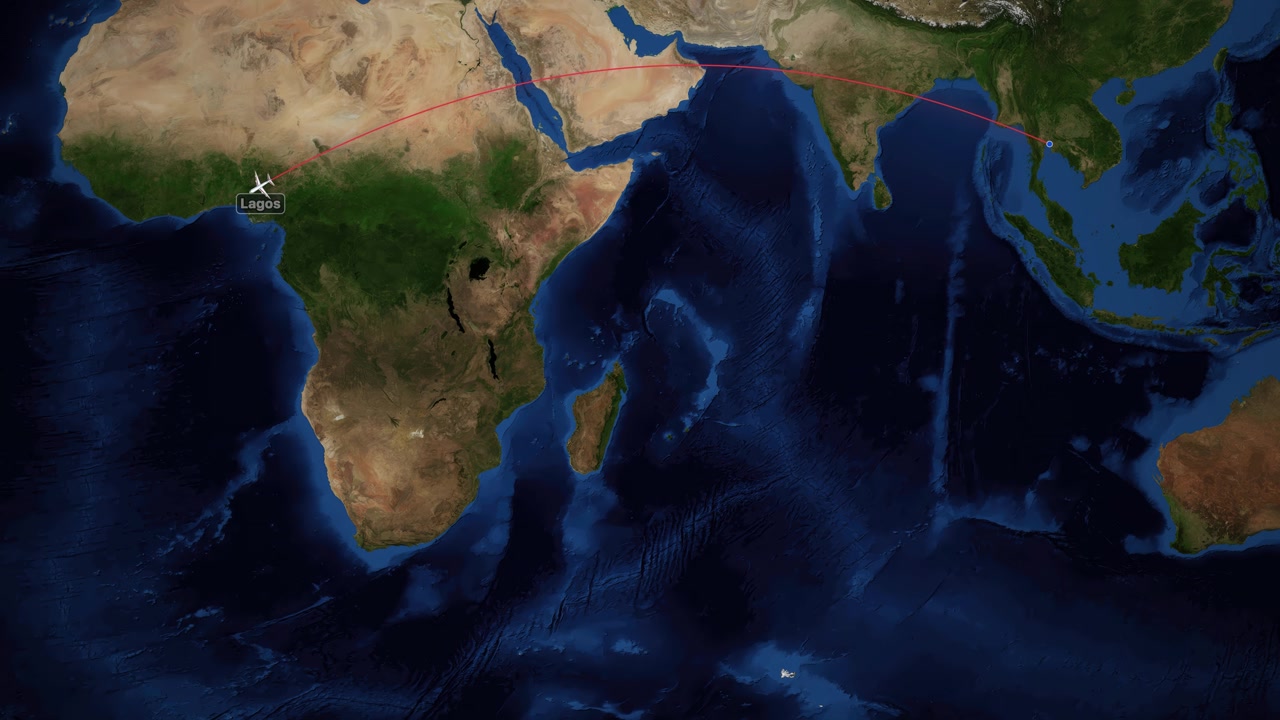 Airplane icon follows red flight path from Thailand to Nigeria on realistic satellite map
