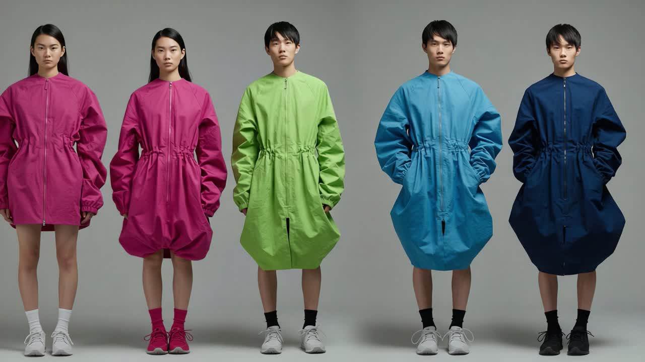 Dynamic Fashion Showcase Featuring Contemporary Unisex Outerwear Designs in Vibrant Colors and Unique Silhouettes, Highlighting Youthful Styles and Modern Aesthetics