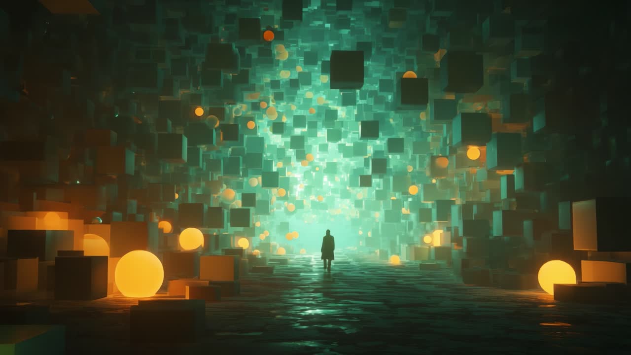 A Mysterious Journey Through an Illuminated Cube Maze: Exploration Within a Surreal World of Floating Multicolored Shapes and Eerie Light Reflections Invoking a Sense of Wonder
