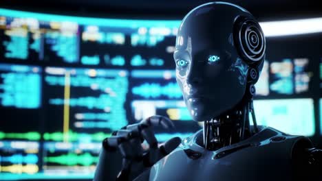 futuristic robotic figure with glowing blue eyes, set against a backdrop of advanced data displays and colorful audio waveforms, embodies the intersection of technology and artificial intelligence