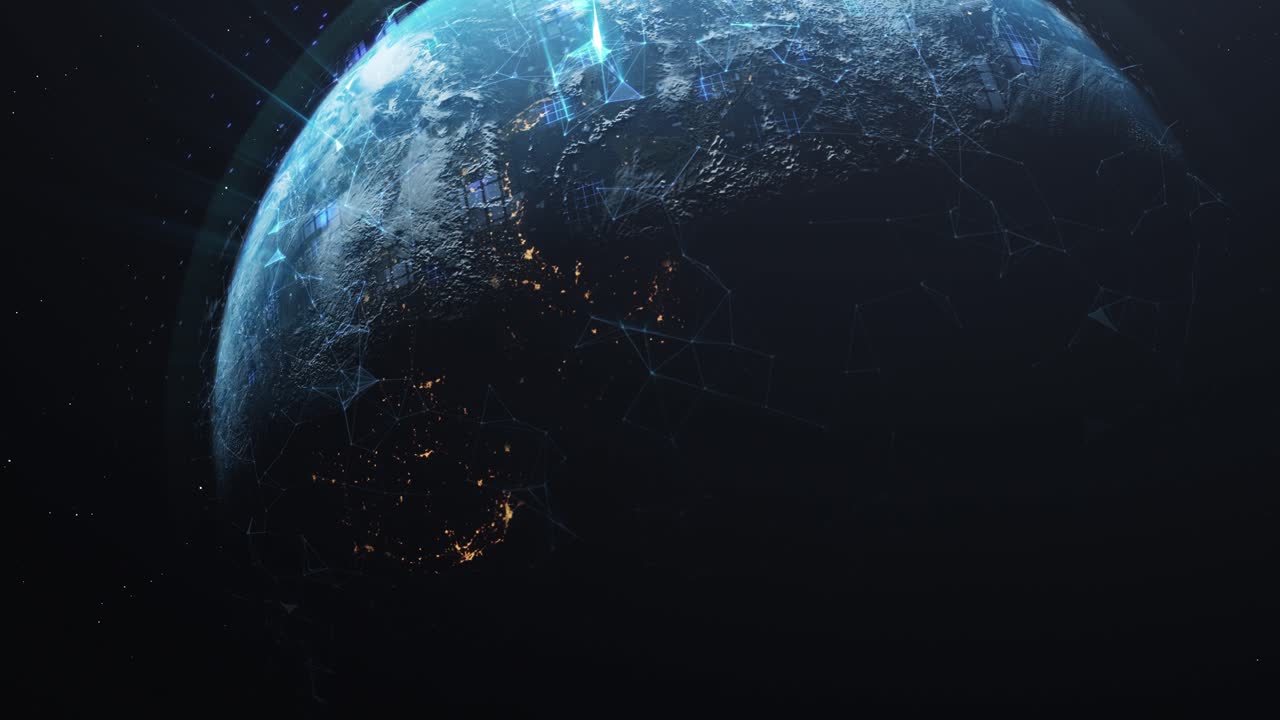 renderizado en 3d de la tierra desde el espacio girando lentamente, huellas de satélite animadas holográficas, conexiones de comunicación,