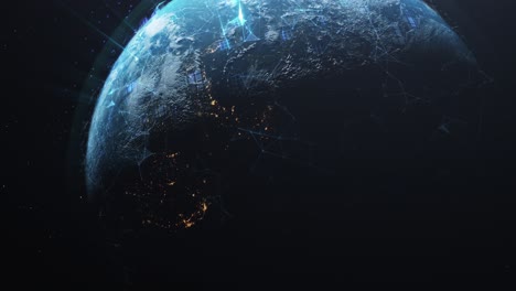 renderização 3d da terra a partir do espaço, rotação lenta, trilhas de satélite holográficas animadas, ligações de comunicação,