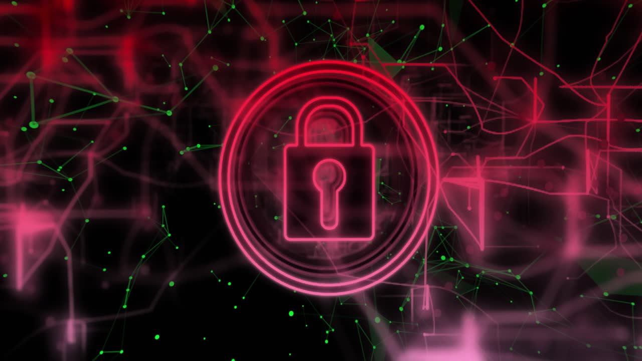 Glowing green network drifting starting neon padlock glowing and shifting colors showing security