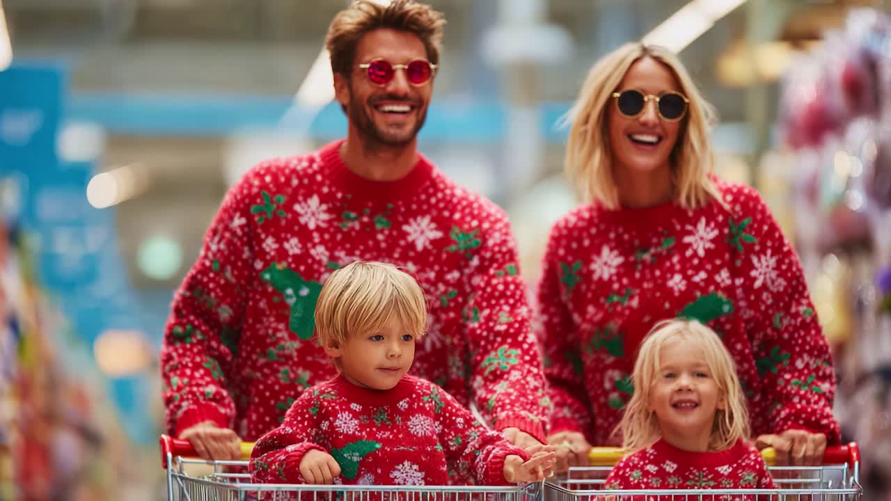 Joyful Family Experience: A Cheerful Holiday Shopping Day in Festive Sweaters, Capturing the Spirit of Togetherness and Celebration in a Colorful Store Environment