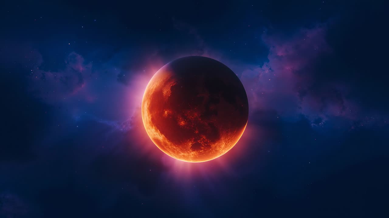 Spinning red planet revealing surface patterns after glow flash in deep space, pulsing nebula glow