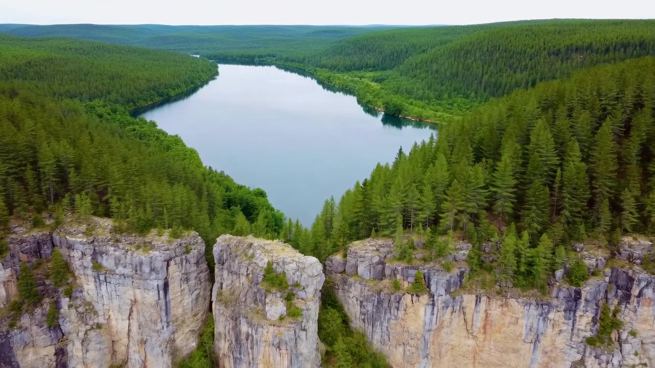 Forhøyet landskapsutsikt som viser smalt blågrønt vann som strekker seg mellom sammenhengende barskog og høye lysegrå klipper, med avsidesliggende ulendt terreng, lagdelte teksturer og ekspansiv natur