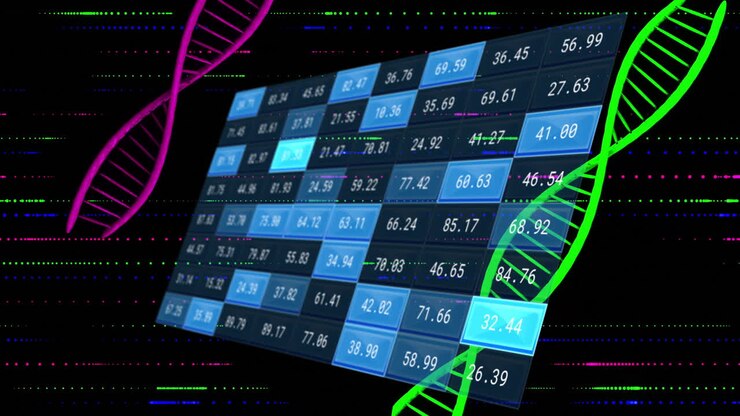 Animazione di filamenti di DNA e elaborazione dati su una griglia digitale con numeri