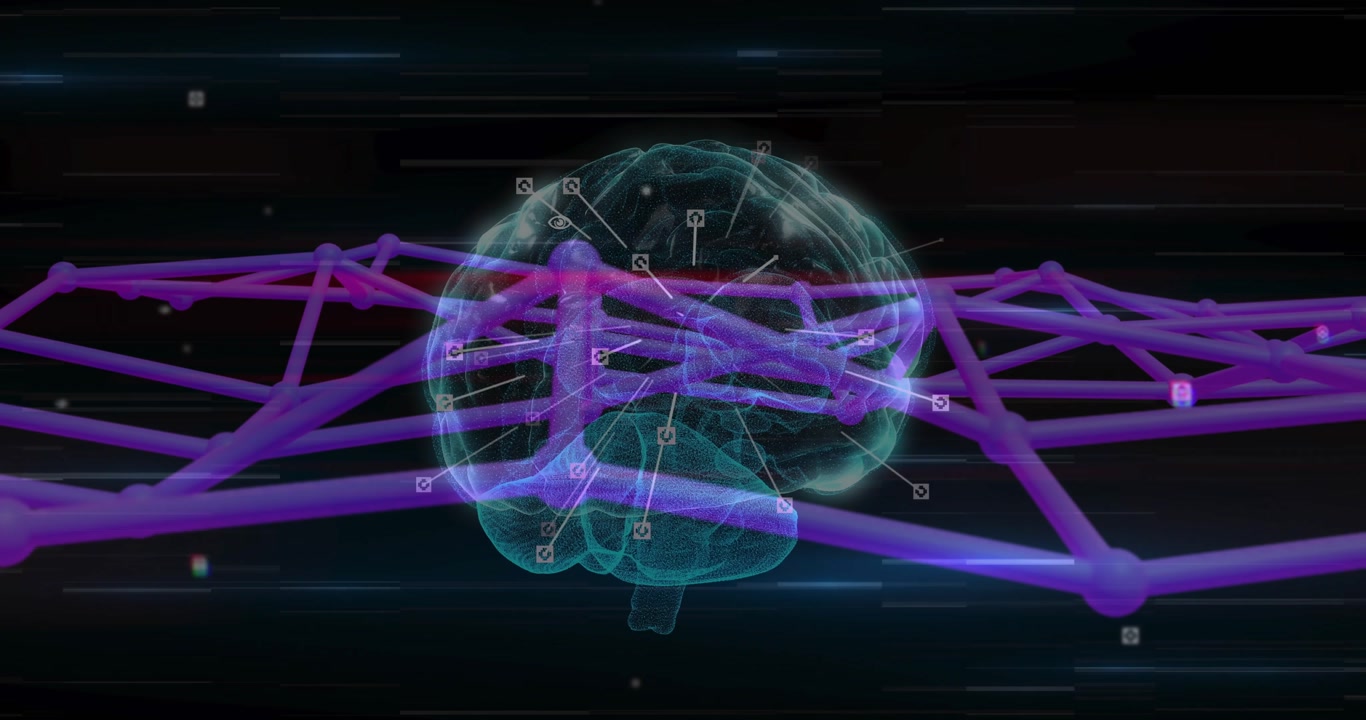 Launching cyan 3D brain hologram rotating purple lattice enveloping it for data flow visualization