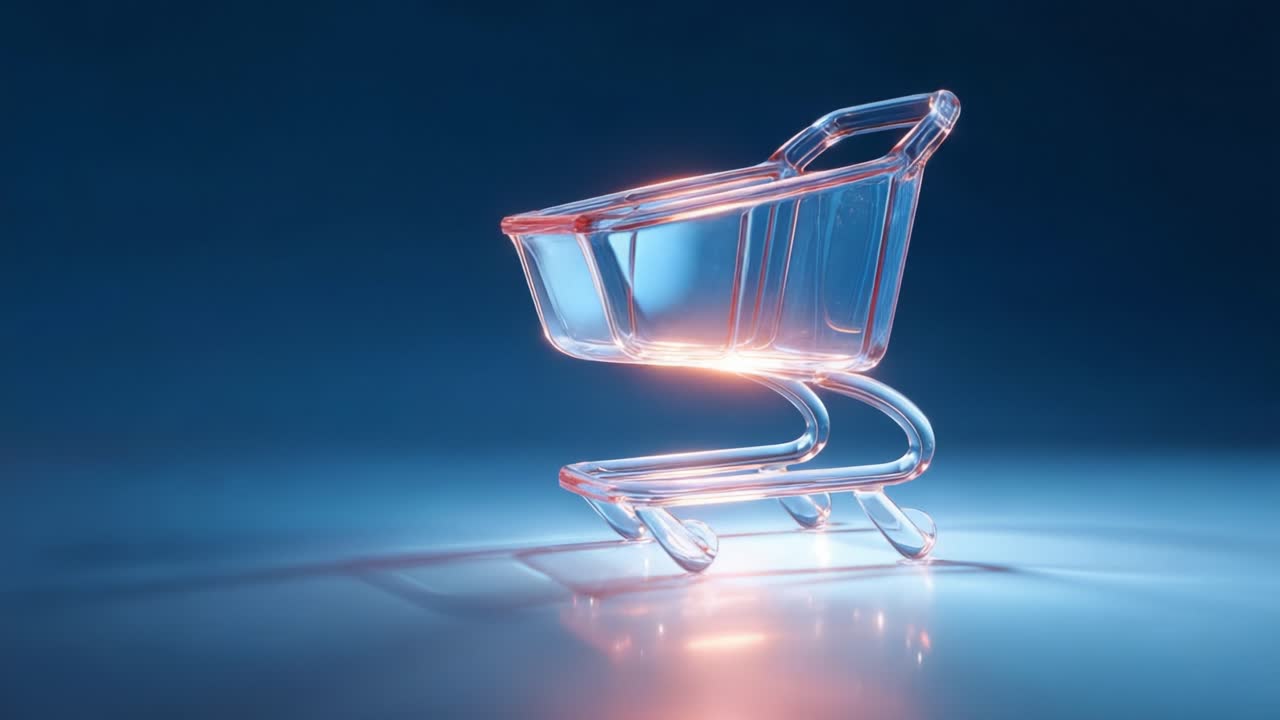 A Stunning Visual of a Transparent Shopping Cart, Artfully Crafted to Showcase its Unique Design, Illuminated Against a Soft Blue Background for an Eye-Catching Effect