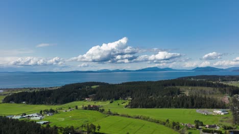 aerial shot of whidbey island's farm land with the san juans off in the distance