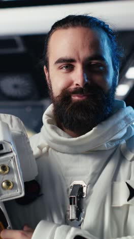 vertical video portrait of happy astronaut holding helmet in space station completing mission