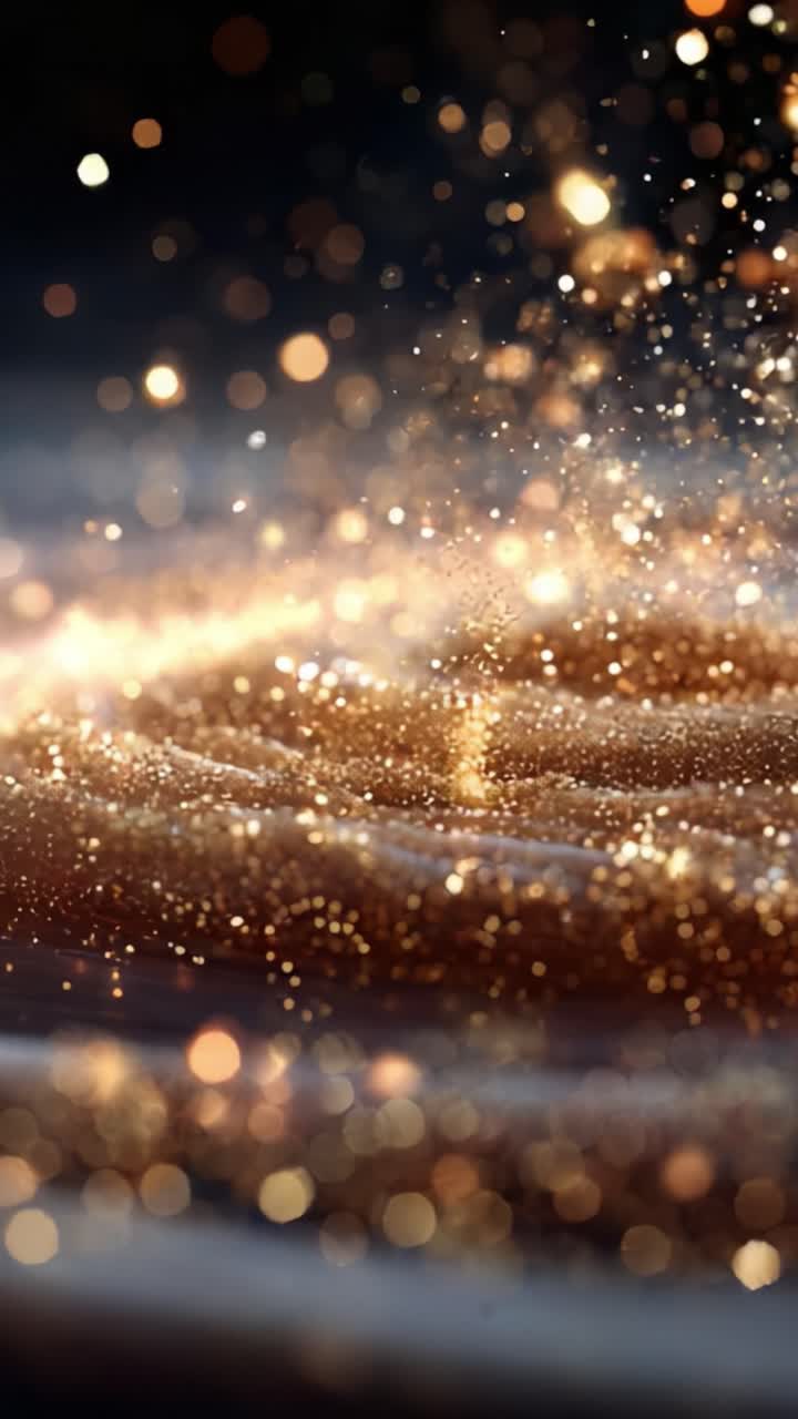Una straordinaria immagine di particelle dorate che fluttuano nell'aria, creando un'atmosfera incantevole piena di luce e scintillio, perfetta per evocare un senso di meraviglia e magia