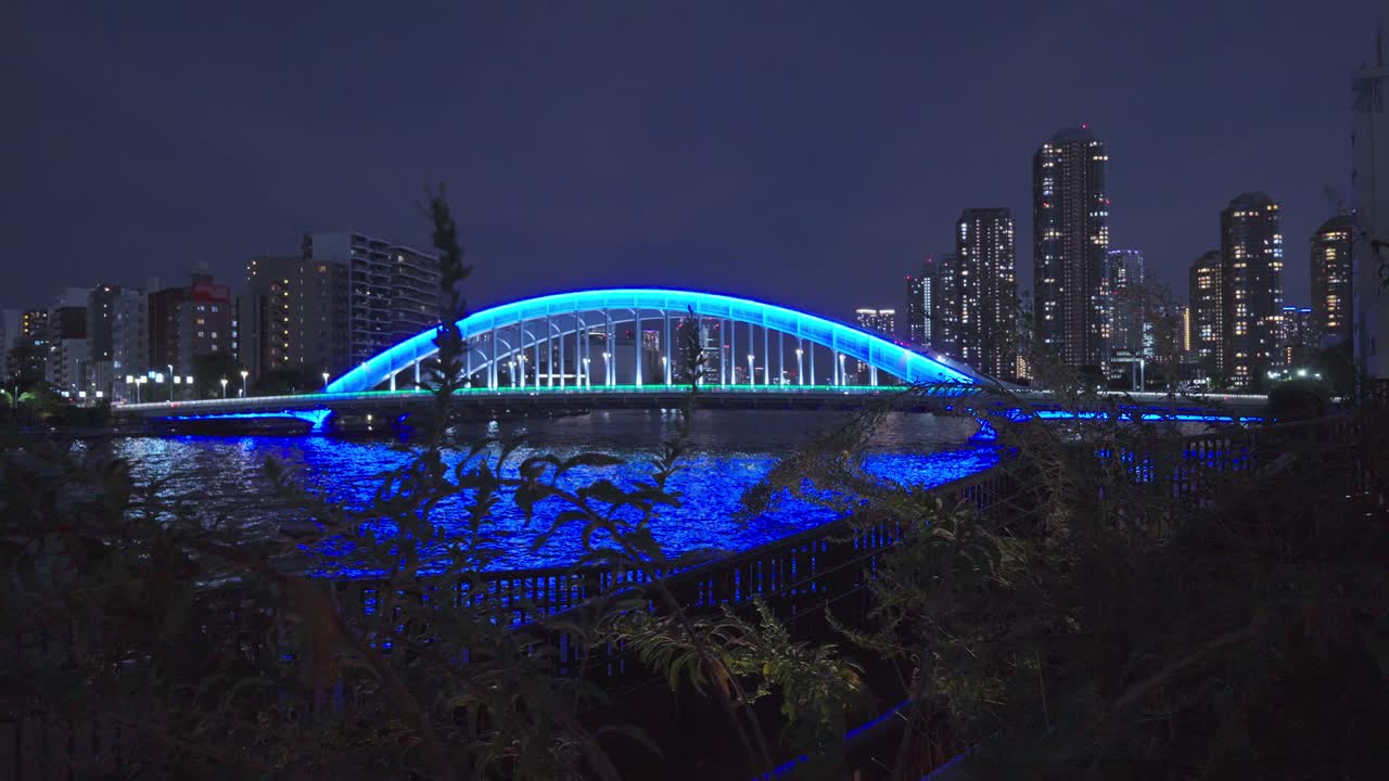 Night view of an illuminated bridge and cityscape