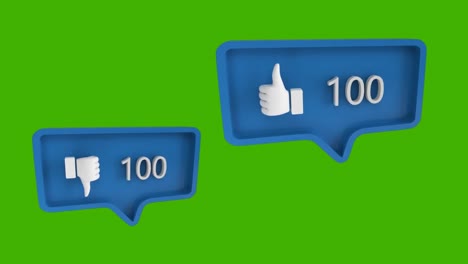 Animation-of-two-blue-speech-bubbles-with-thumbs-up-and-thumbs-down-icons-and-numbers-growing-on-gre