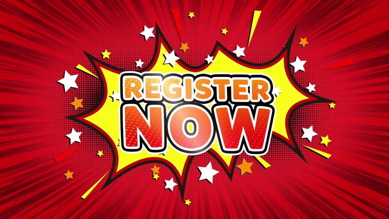 Register now text pop art style expression retro comic bubble expression cartoon illustration sale