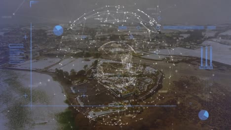 animación del procesamiento de datos sobre el globo de la red de conexiones contra la vista aérea del paisaje urbano.