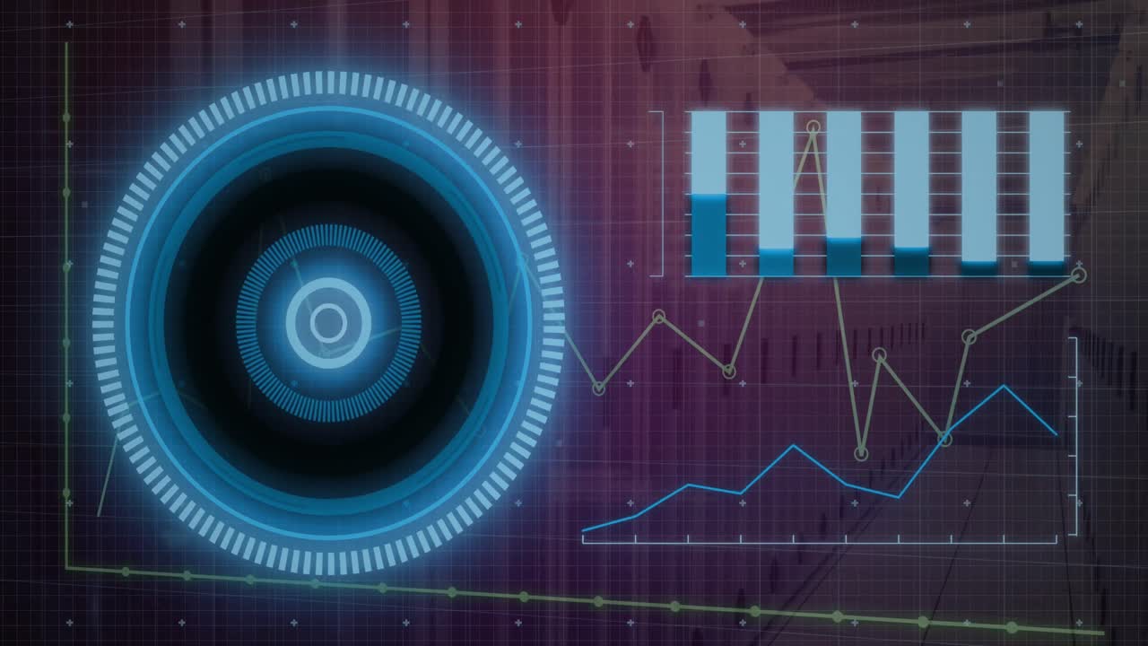 animación del círculo de escaneo y múltiples gráficos que se mueven sobre la sala del servidor de datos