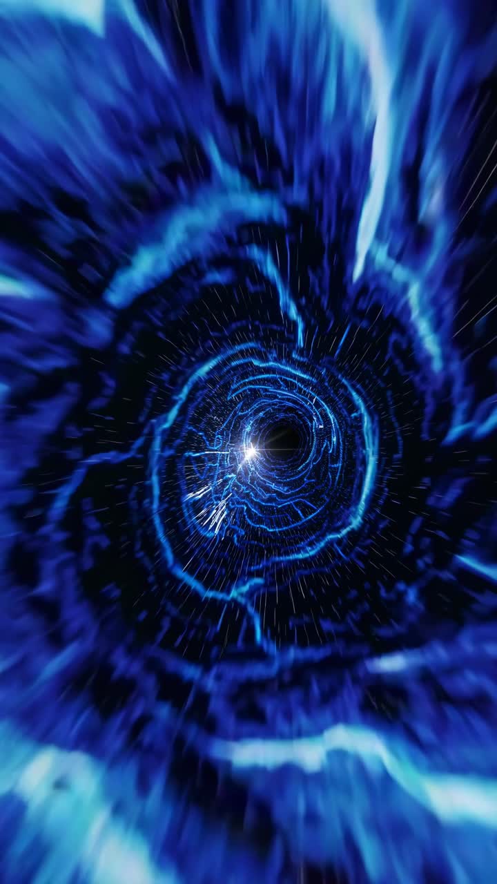 Un vortice blu dinamico e vorticoso da un'angolazione in prima persona, che ricorda un portale video di fantascienza.