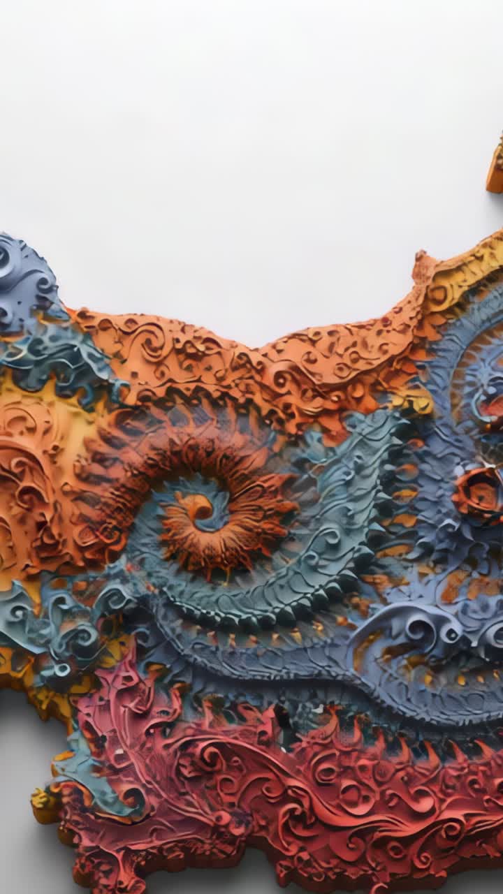 Vertical video: Changing lights illuminating sculpture relief in gallery, showing fractal patterns