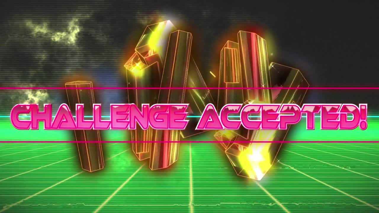 회색 배경에 있는 녹색 그리드 네트워크에 대한 네온 배너 위의 도전 텍스트가 수락되었습니다.