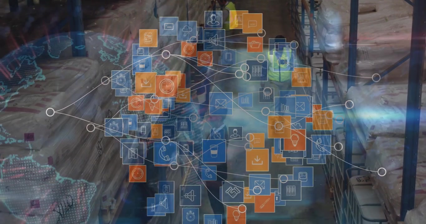 Animation of globe and media icons over diverse workers in warehouse