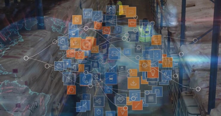 Animation of globe and media icons over diverse workers in warehouse