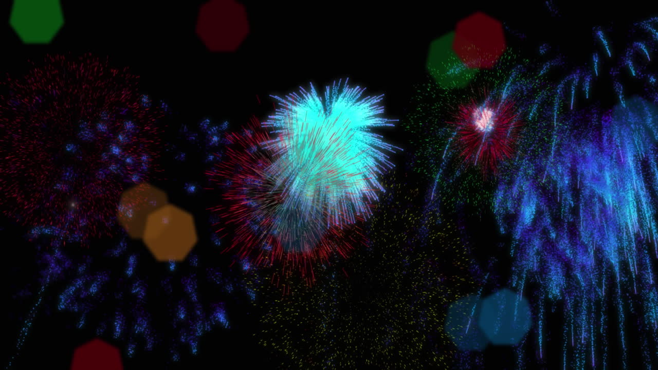 animación de fuegos artificiales y luces de hadas de navidad parpadeando sobre un fondo negro.