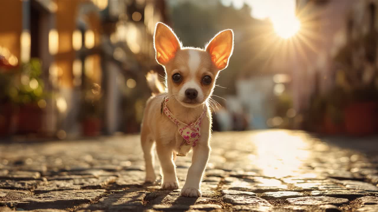 美しい夕焼けを背景に石畳の道を歩く、かわいらしさと好奇心にあふれた魅力的なチワワの子犬