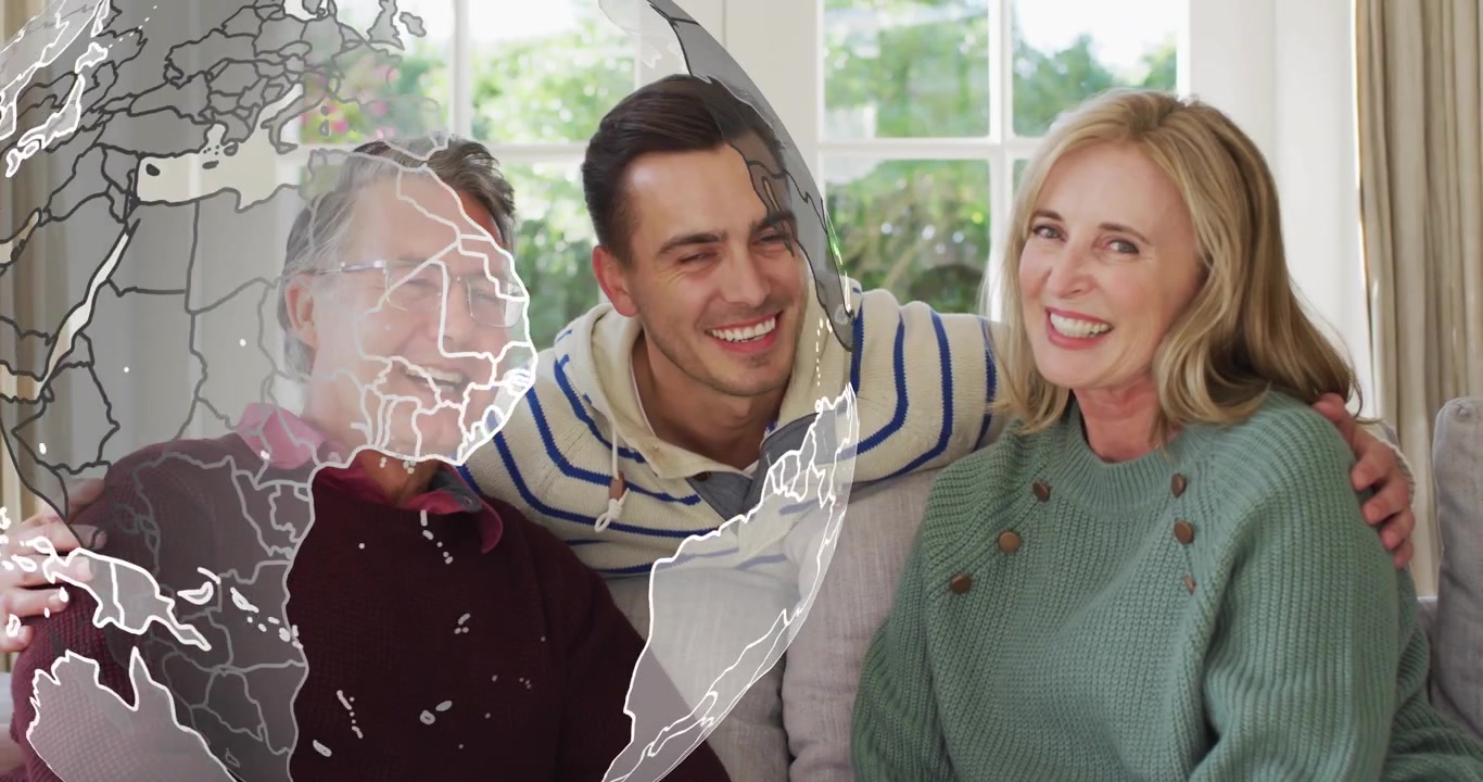 Familia abrazándose junto a la ventana, con un globo de wireframe que se desvanece y gira superpuesto a ellos, mostrando unidad en la tecnología.