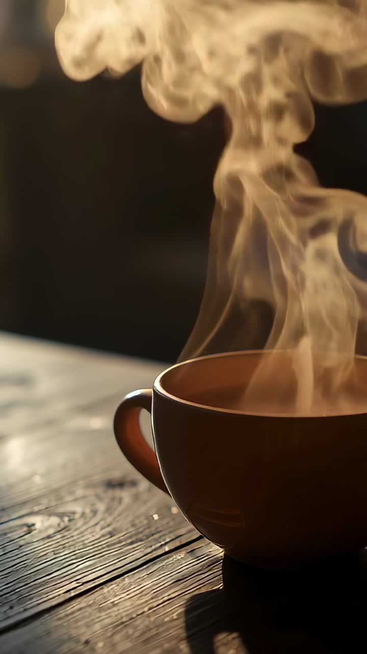 Vertical video: Ceramic cup holding hot drink emitting steam on countertop with bokeh, copy space