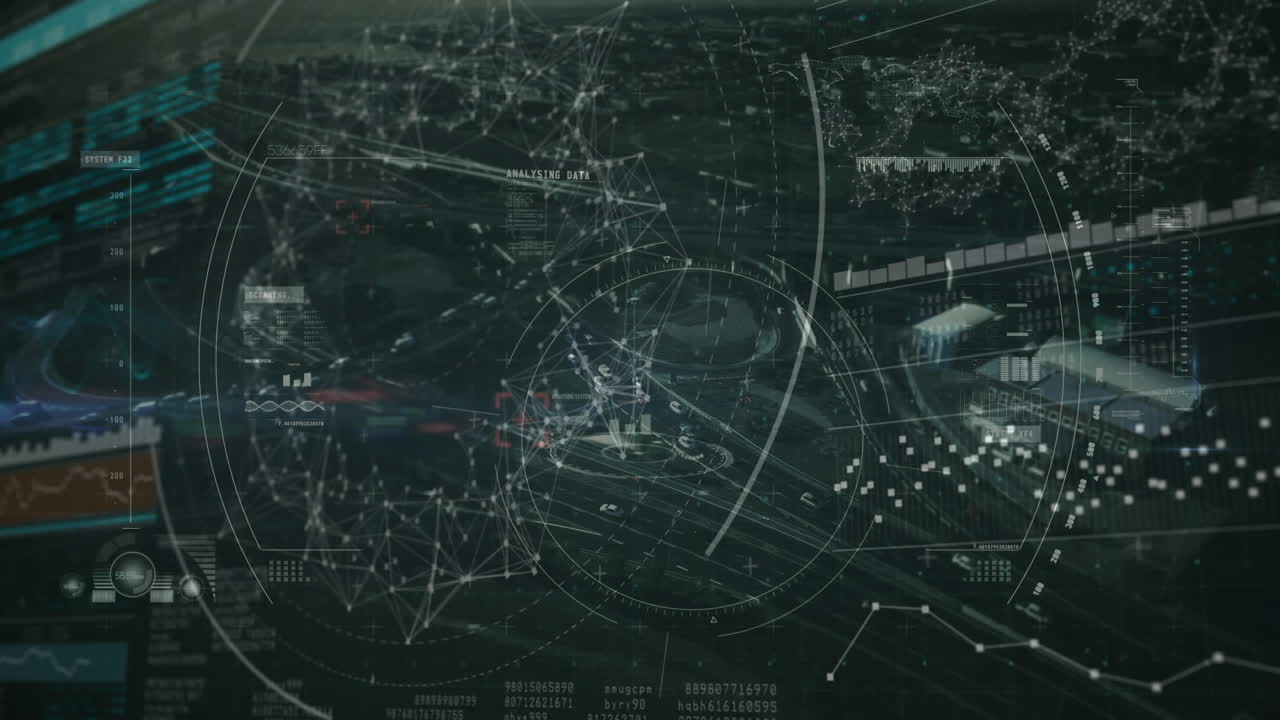 animación del procesamiento de datos y la red de conexiones sobre el paisaje urbano