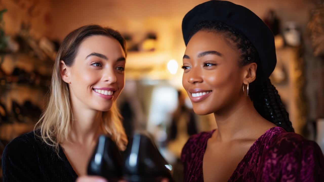 Two friends sharing a joyful moment while shopping for stylish shoes in a cozy boutique, capturing the essence of friendship and fashion in a vibrant atmosphere filled with shoes and accessories