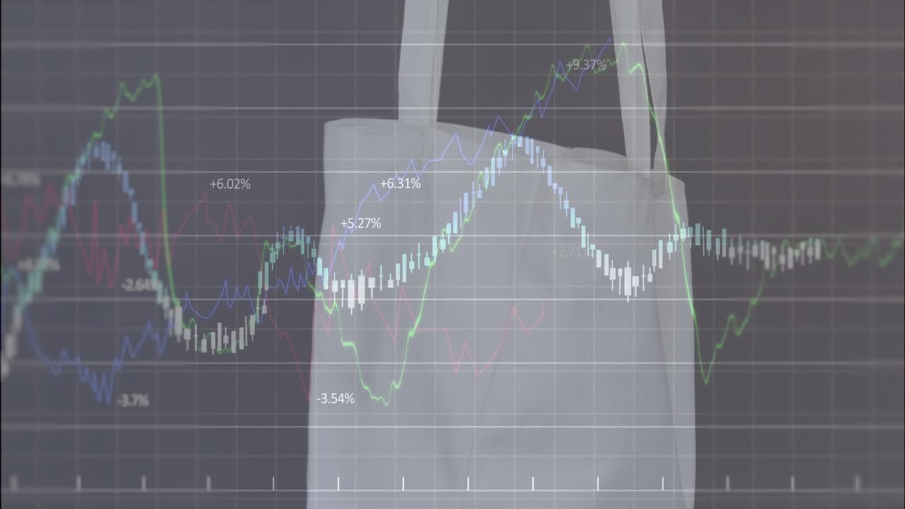Faint grid emerging from left starting color charts sweeping over white tote, showing market trends