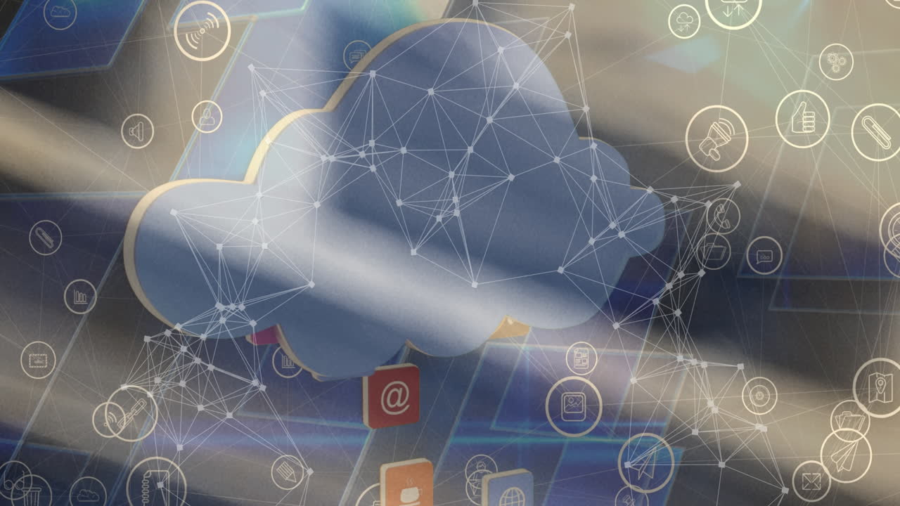 Animation of network of connections with icons over blurred background