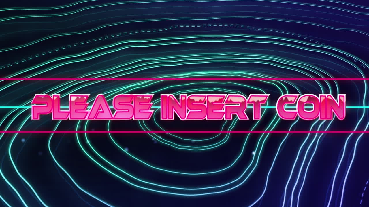 Animation of please insert coin text banner over topography patterns against blue background