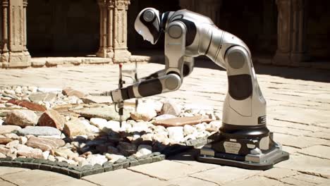 a robotic arm manipulating stones with precision in an outdoor setting, showcasing advanced technology and automation in action