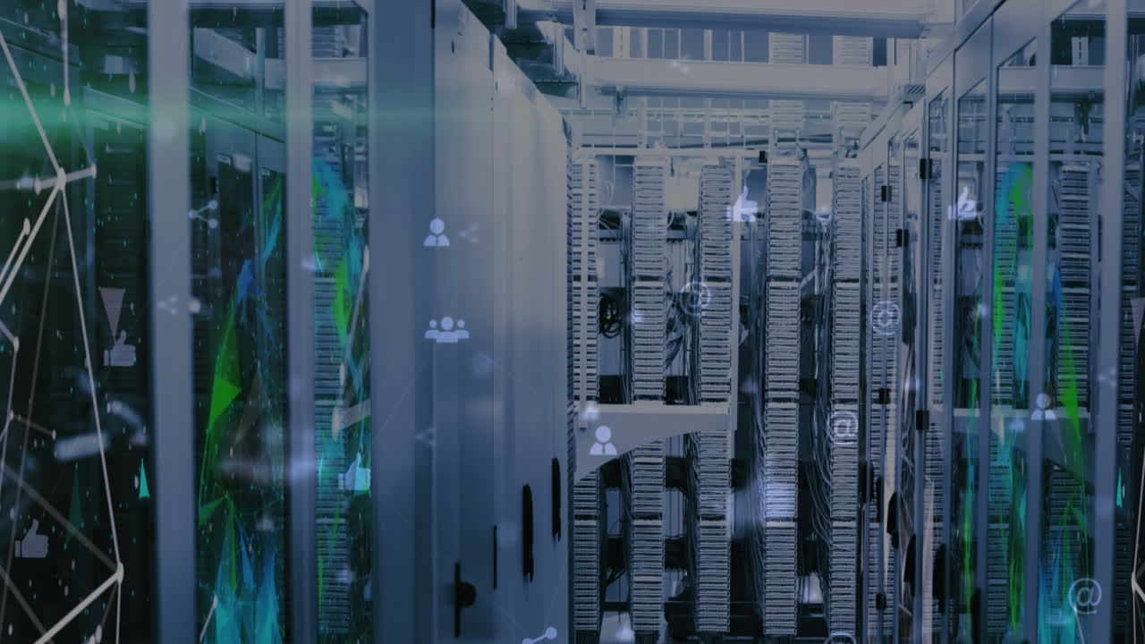 Animation of profile icons and plexus networks against computer server room