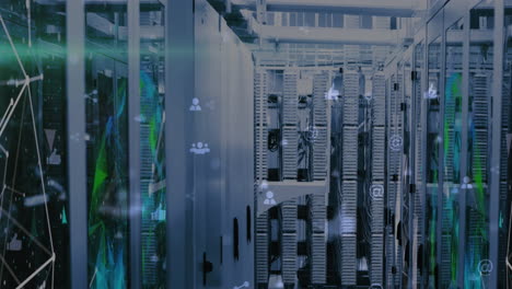 animation of profile icons and plexus networks against computer server room
