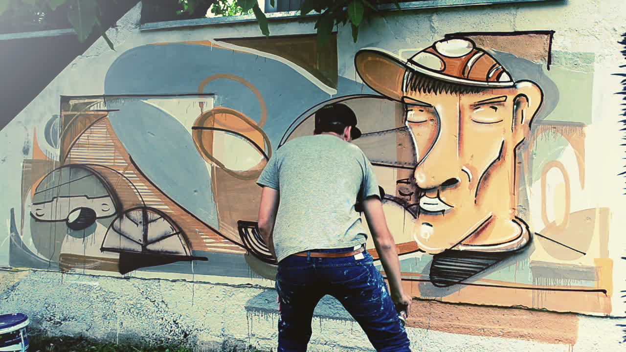 L'artista disegna graffiti su una recinzione. Graffiti su una recinzione.