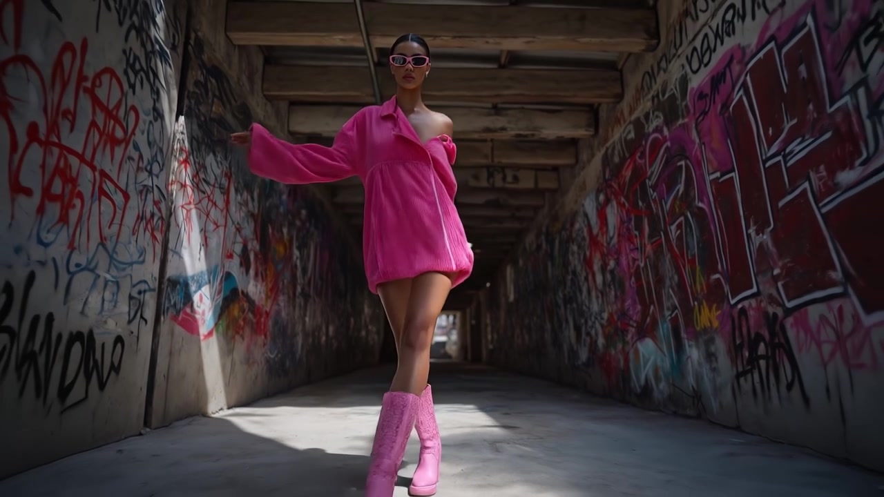 Donna alla moda che cammina attraverso un sottopassaggio coperto di graffiti con stivali rosa