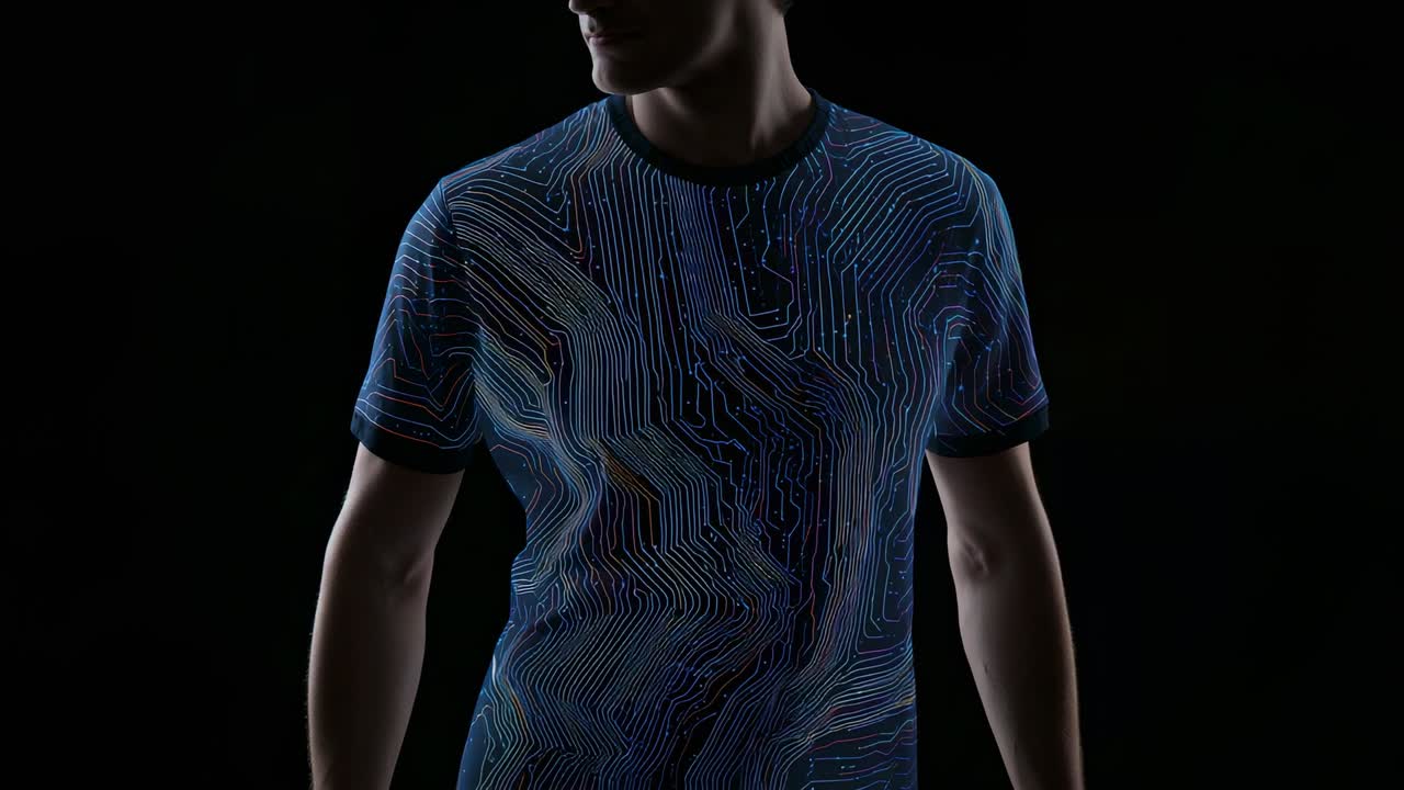 Modellazione di uomo basata su spunto di posa, rotazione del busto, testa girata a sinistra in studio, che mostra una t-shirt girocollo
