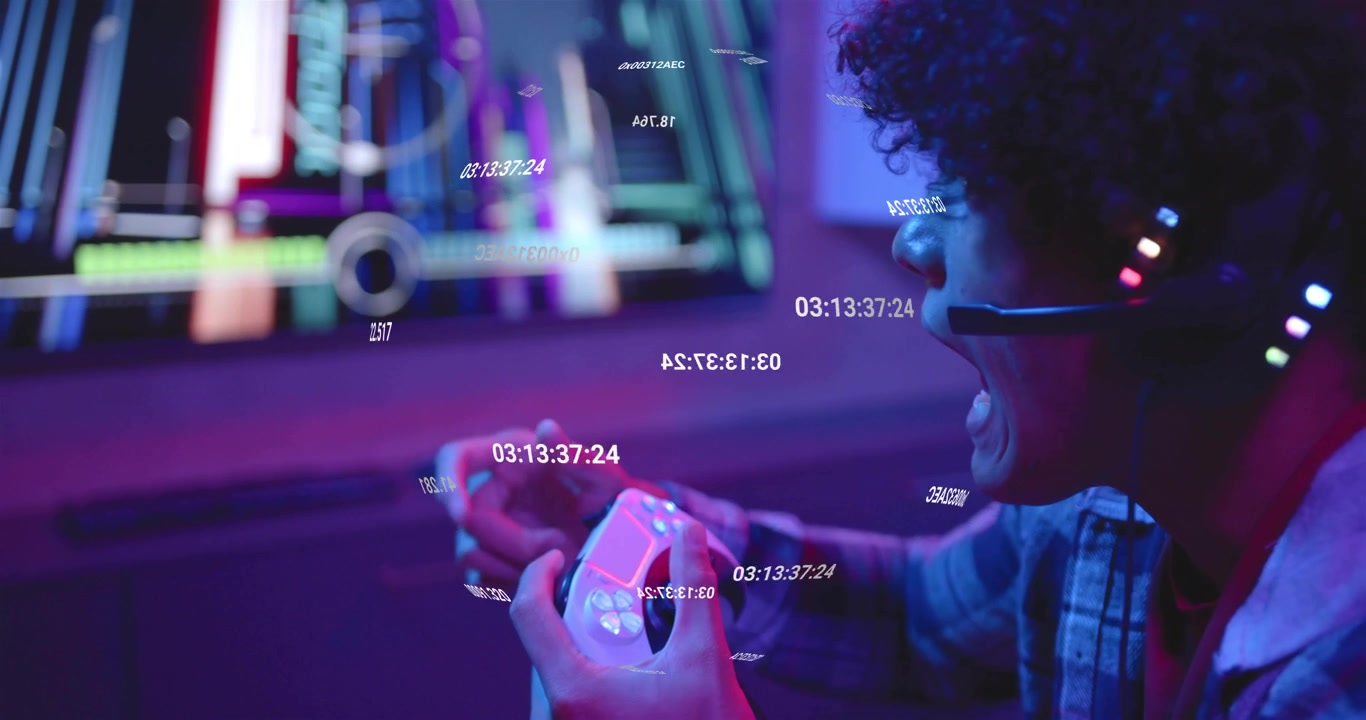 Male gamer leaning forward, pressing controller and causing floating HUD graphics while streaming
