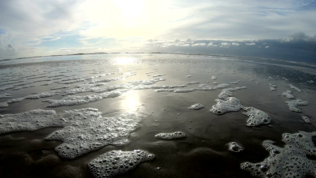 해변에서 폭풍의 해조류 거품, 파도와 함께 모래 해변, 북해, jütland, sondervig, 덴마크, 4k