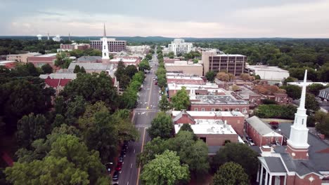 aerial push in down franklin street above chapel hill nc