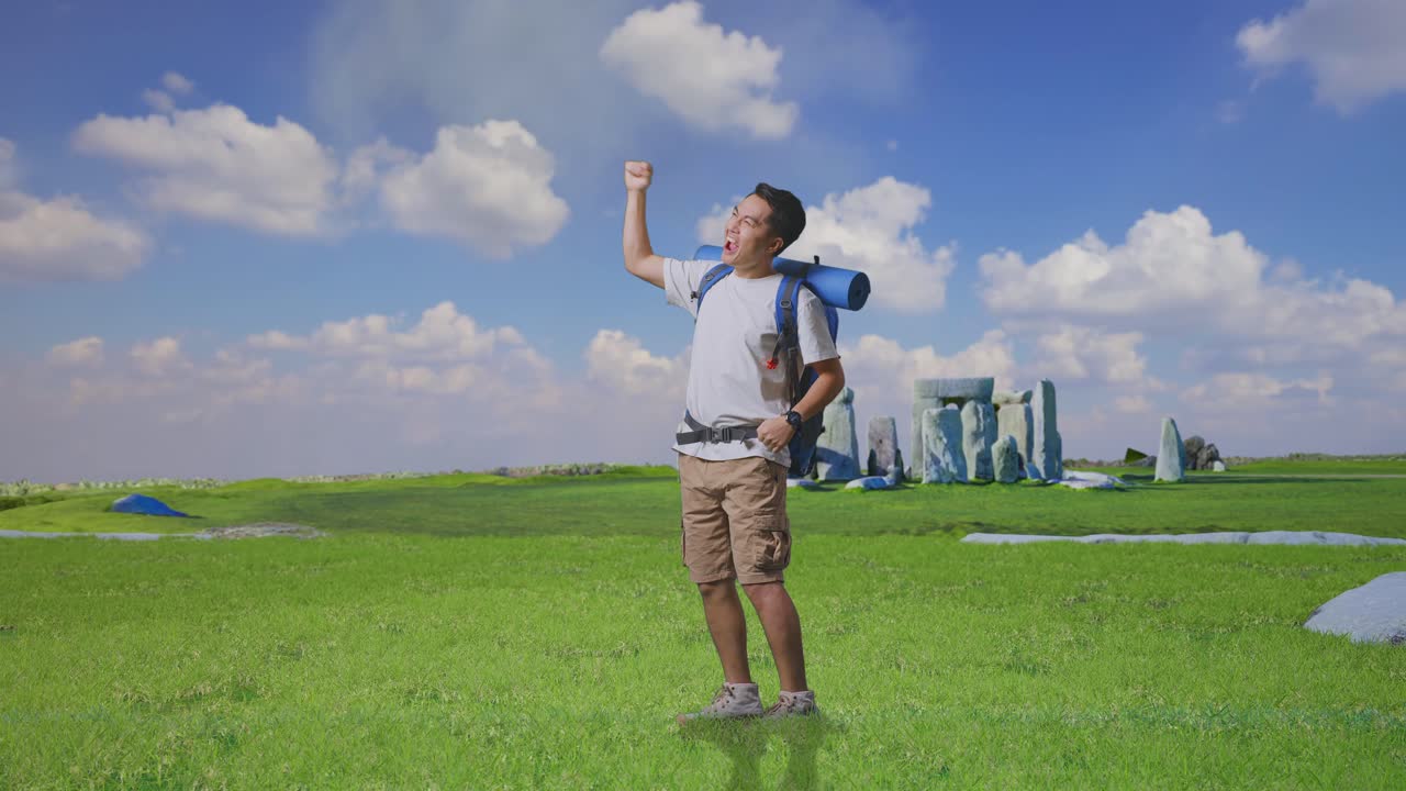 Excited Traveler in a Lush Green Field
