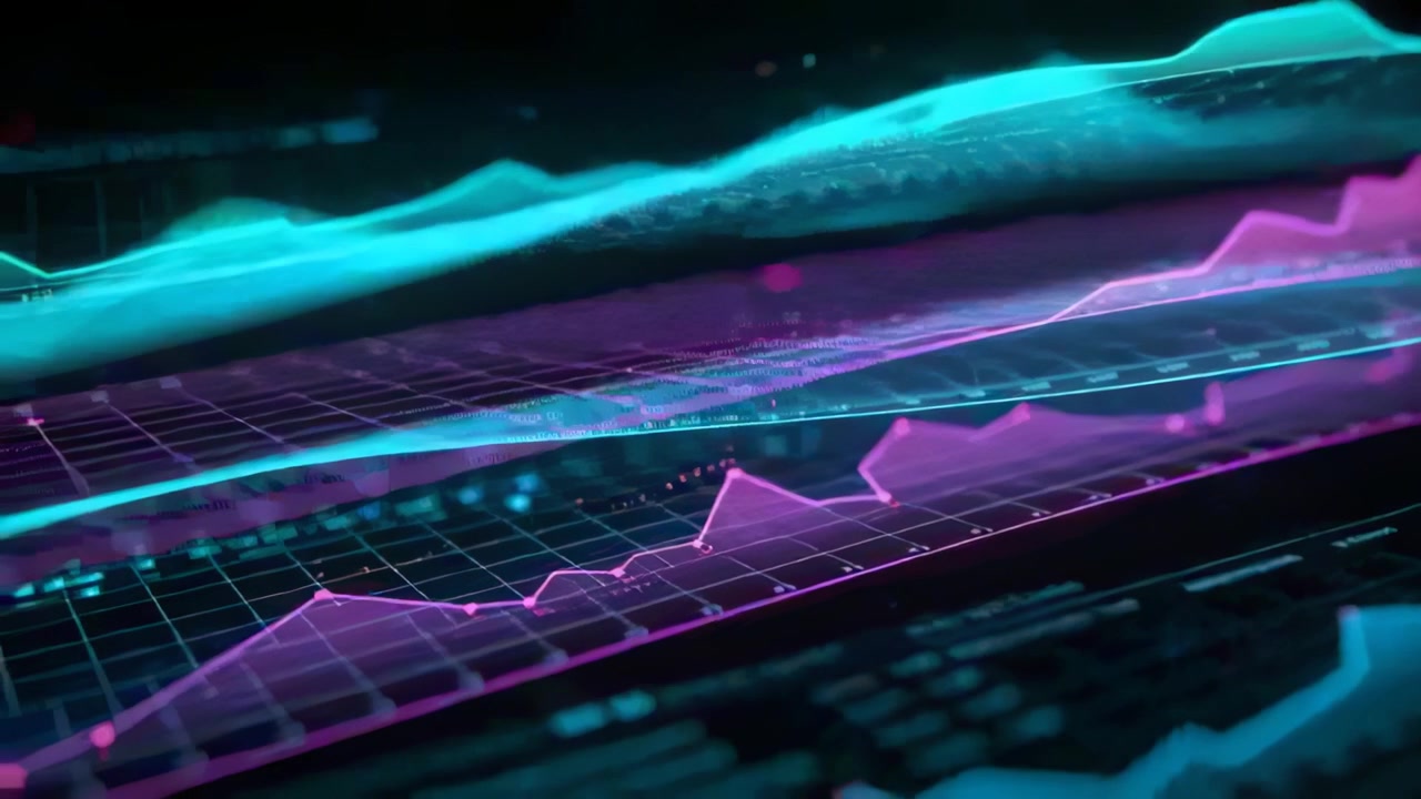 Pivoting camera, cyan magenta waveforms sliding over gridded HUD plane, glowing points pulsing