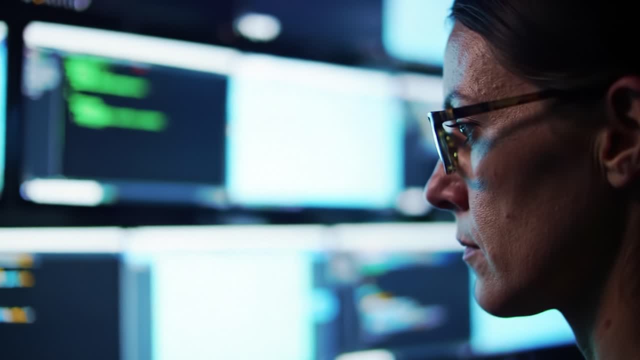 Focused Programmer Analyzing Complex Data on Computer Screens in a Dimly Lit Environment, Reflecting the Challenges of Modern Computing and Technology Development