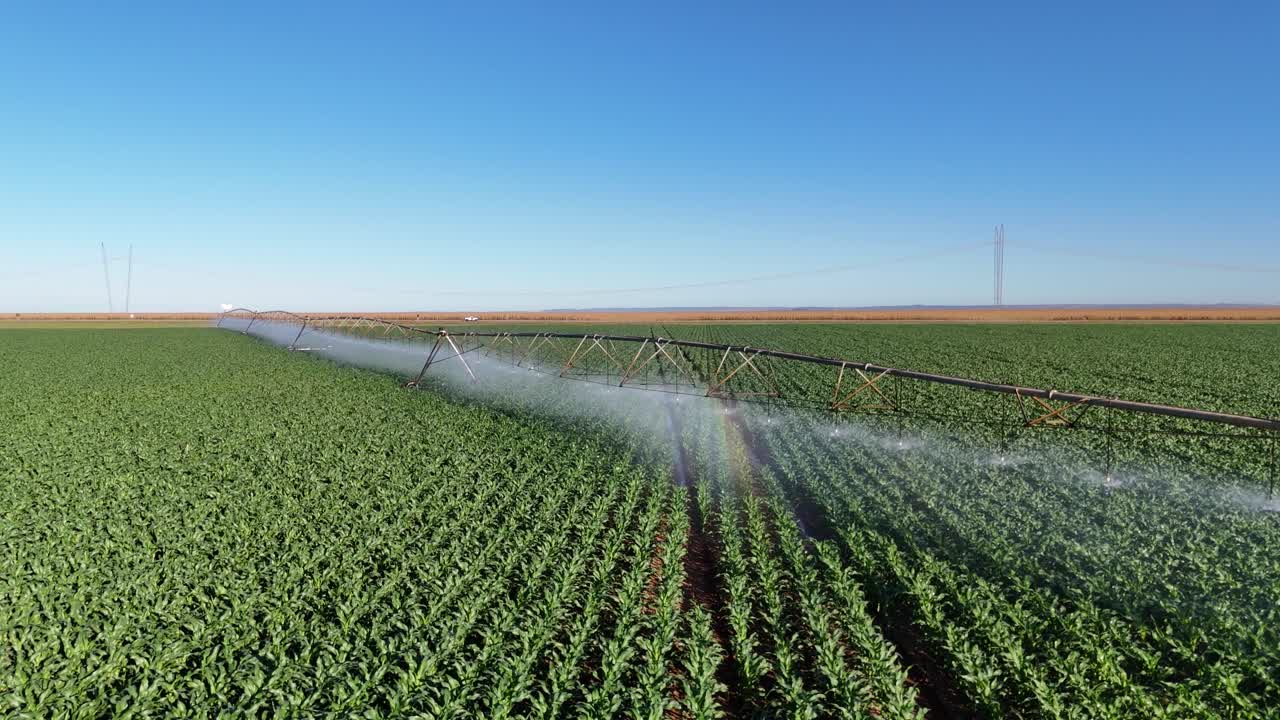 Aerial View of Center Pivot Irrigation System Watering a Lush Green Crop Field