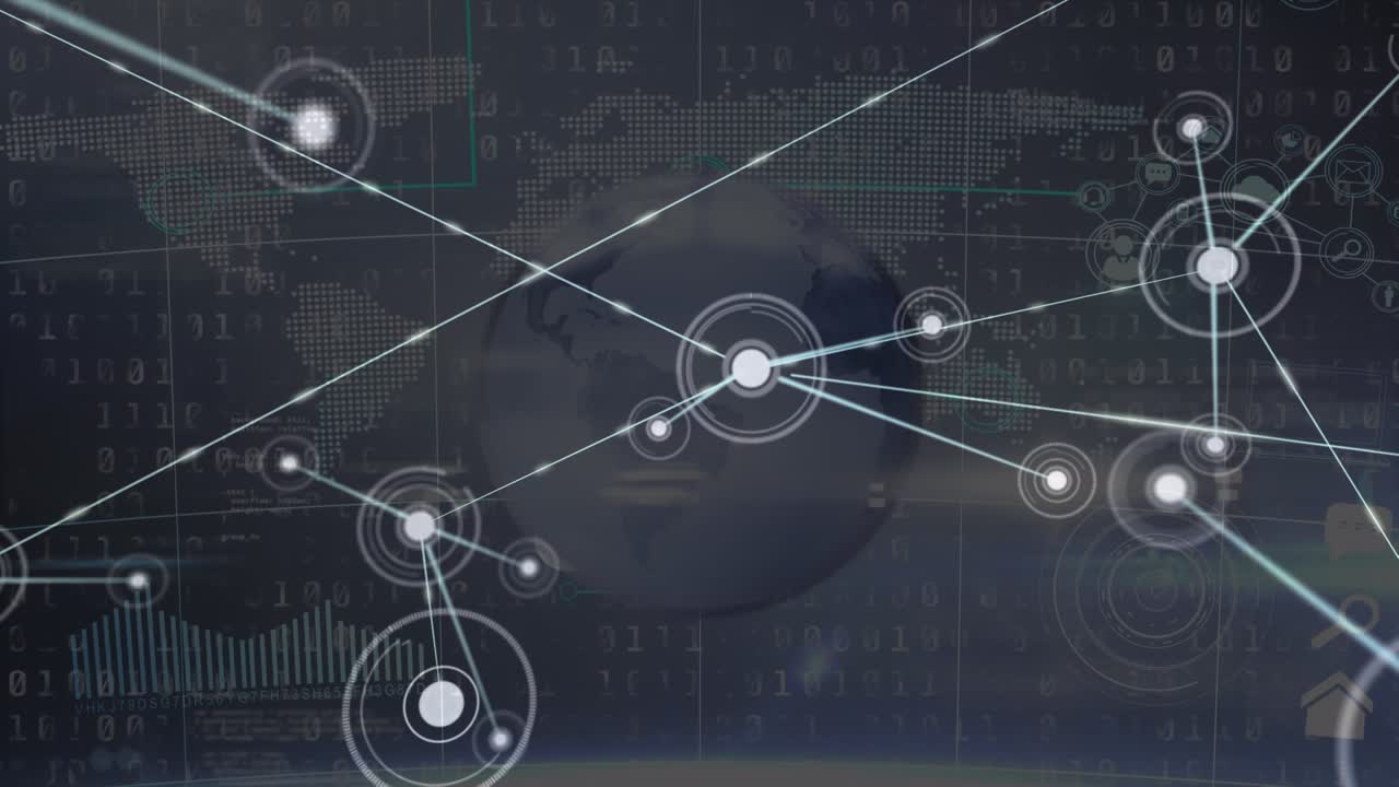 Animation of network of connections and globe over dark background