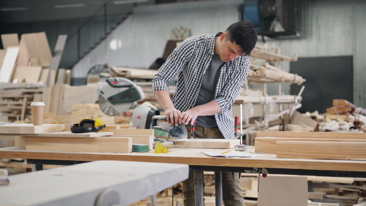 carpintero lijando madera en el taller